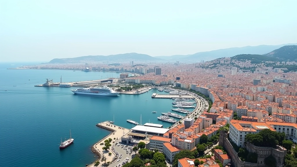 Vue aérienne du centre-ville de Marseille avec bâtiments administratifs et port méditerranéen