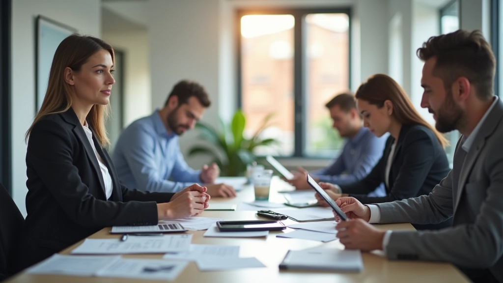 Équipe professionnelle dans un bureau moderne, collaborant autour d'une table avec documents et graphiques économiques
